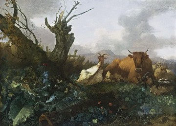Cattle Cow Bull Painting - Willem Romeijn Cow Goats and Sheep in a Meadow